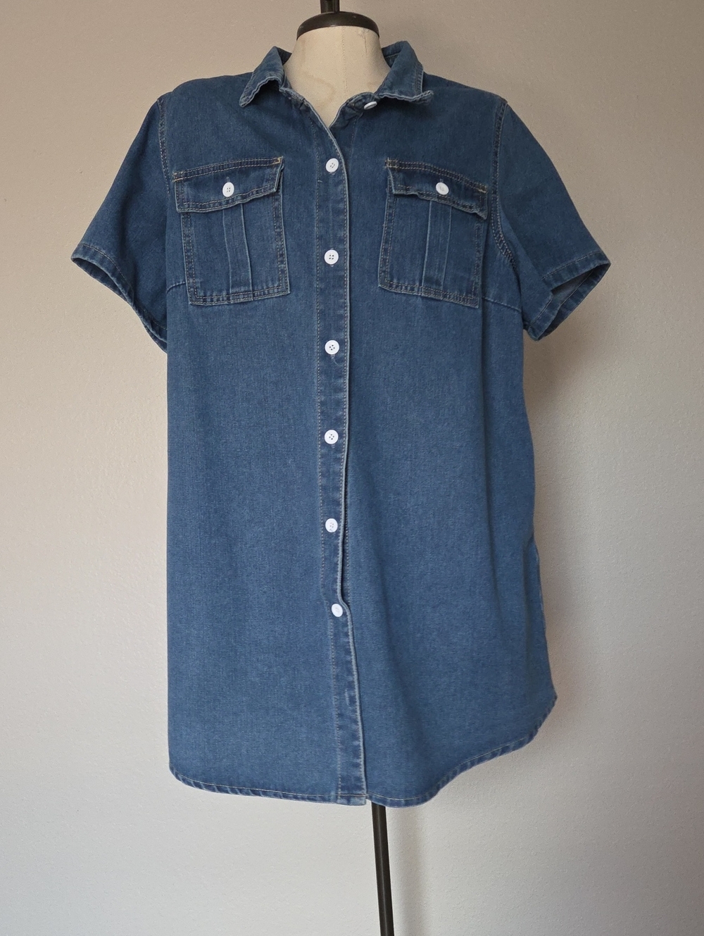 SHEIN Mini Denim Short-Sleeve Button-Down Tunic Dress/Top